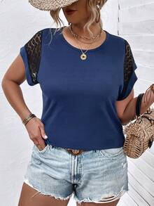 SHEIN LUNE 大碼蕾絲拼接蝙蝠袖T恤 - 藏蓝色 - 查看 5