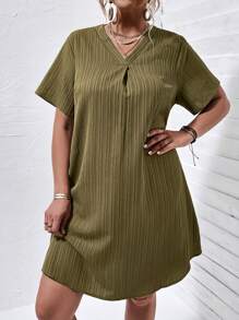 SHEIN LUNE Đầm Plus Size màu trơn Giải trí - xanh quân đội - Xem 3