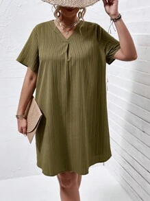 SHEIN LUNE Đầm Plus Size màu trơn Giải trí - xanh quân đội - Xem 4