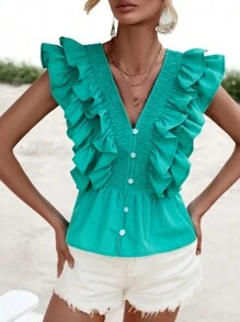 SHEIN VCAY 荷葉邊前紐扣荷葉邊下擺襯衫 - 綠色 - 查看 1