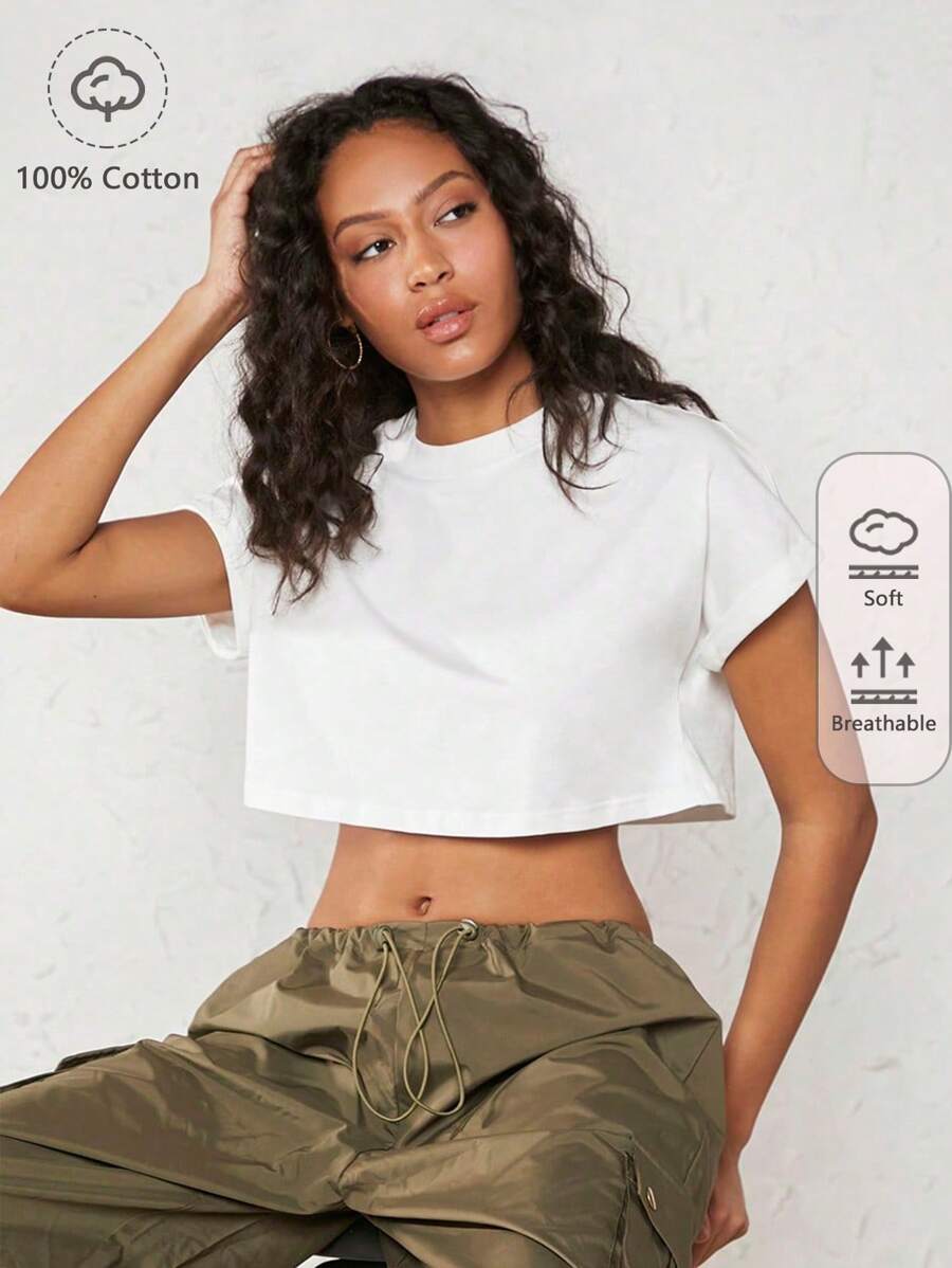 SHEIN BASICS 纯色圆领休闲蝙蝠袖短款T恤 - 白色 - 查看 1