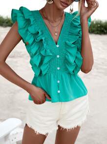 SHEIN VCAY 荷葉邊前紐扣荷葉邊下擺襯衫 - 綠色 - 查看 3