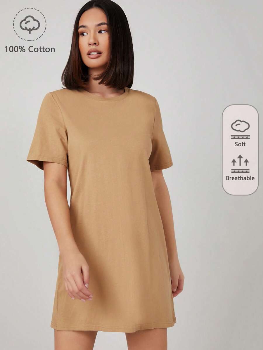 SHEIN BASICS Vestido de camiseta de un solo color, estilo sencillo, uso diario informal - Camel - Ver 1