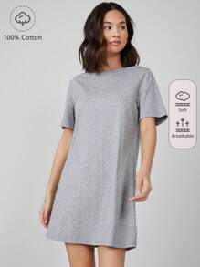 SHEIN BASICS Chất rắn Vòng cổ Ngắn tay Váy áo thun - Xám - Xem 1