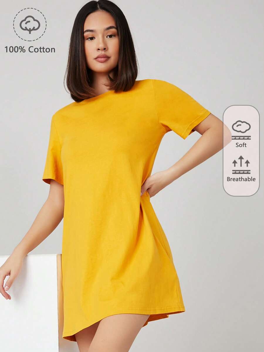 SHEIN BASICS Solid Short Sleeve Tee Dress For Summer - Yellow - View 1
