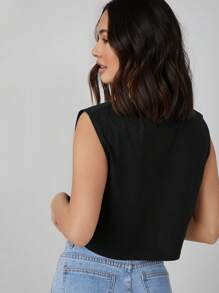SHEIN BASICS Women's Solid Color Round Neck Casual Crop Tank Top/Summer - Black - View 2