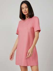 SHEIN BASICS 實色圓領短袖t恤夏季連衣裙 - 藕粉色 - 查看 3