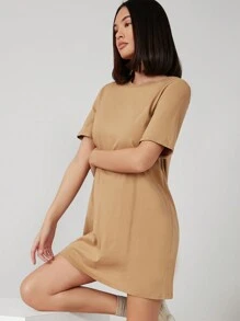 SHEIN BASICS Vestido de camiseta de un solo color, estilo sencillo, uso diario informal - Camel - Ver 3