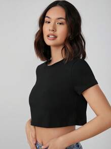 SHEIN BASICS Camiseta Corta Sólida Con Mangas Dobladas - Negro - Ver 3