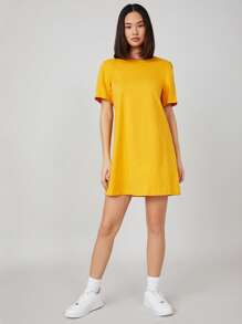 SHEIN BASICS Solid Short Sleeve Tee Dress For Summer - Yellow - View 4
