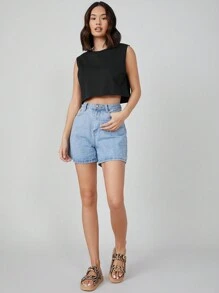 SHEIN BASICS Women's Solid Color Round Neck Casual Crop Tank Top/Summer - Black - View 4