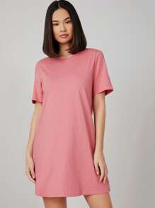 SHEIN BASICS 實色圓領短袖t恤夏季連衣裙 - 藕粉色 - 查看 4