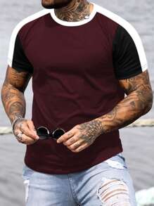 Manfinity Homme Men Cotton Colour Block Tee - Burgundy - View 1