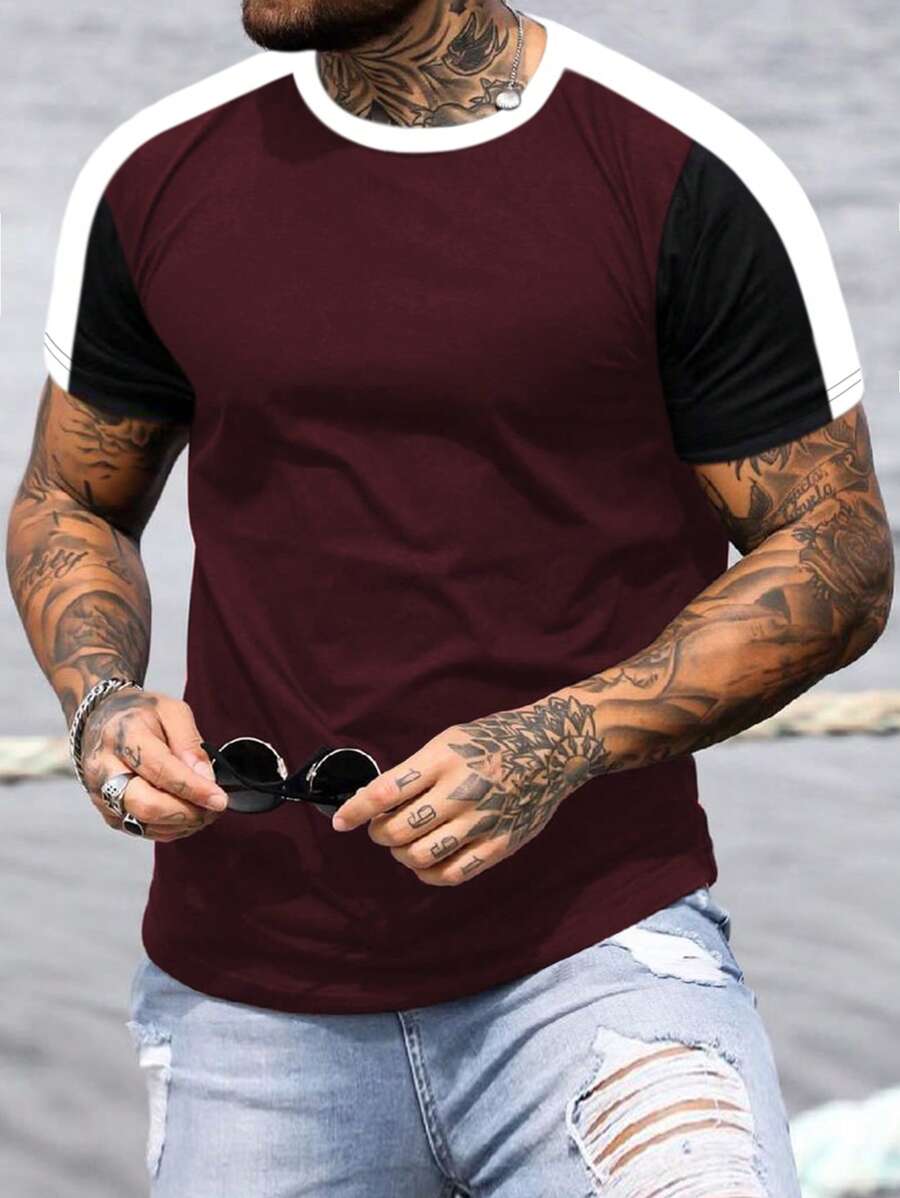 Manfinity Homme Men Cotton Colour Block Tee - Burgundy - View 1