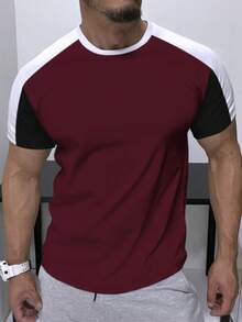Manfinity Homme Men Cotton Colour Block Tee - Burgundy - View 3