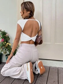 SHEIN EZwear Áo thun nữ Lộ Lưng xoắn lại màu trơn Gợi cảm - trắng - Xem 3