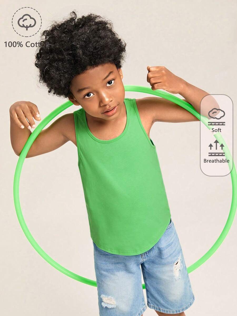 SHEIN Boys 100% Cotton Solid Tank Top - Lime Green - View 1