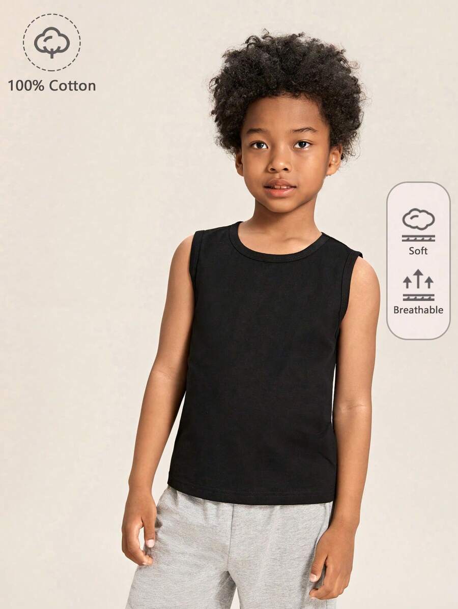 SHEIN Boys 100% Cotton Solid Tank Top - Black - View 1