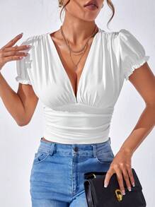 SHEIN Privé Áo thun nữ Xù màu trơn Giải trí - trắng - Xem 1