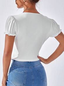 SHEIN Privé Áo thun nữ Xù màu trơn Giải trí - trắng - Xem 2