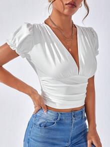 SHEIN Privé Áo thun nữ Xù màu trơn Giải trí - trắng - Xem 3
