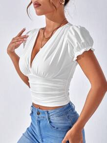 SHEIN Privé Áo thun nữ Xù màu trơn Giải trí - trắng - Xem 5