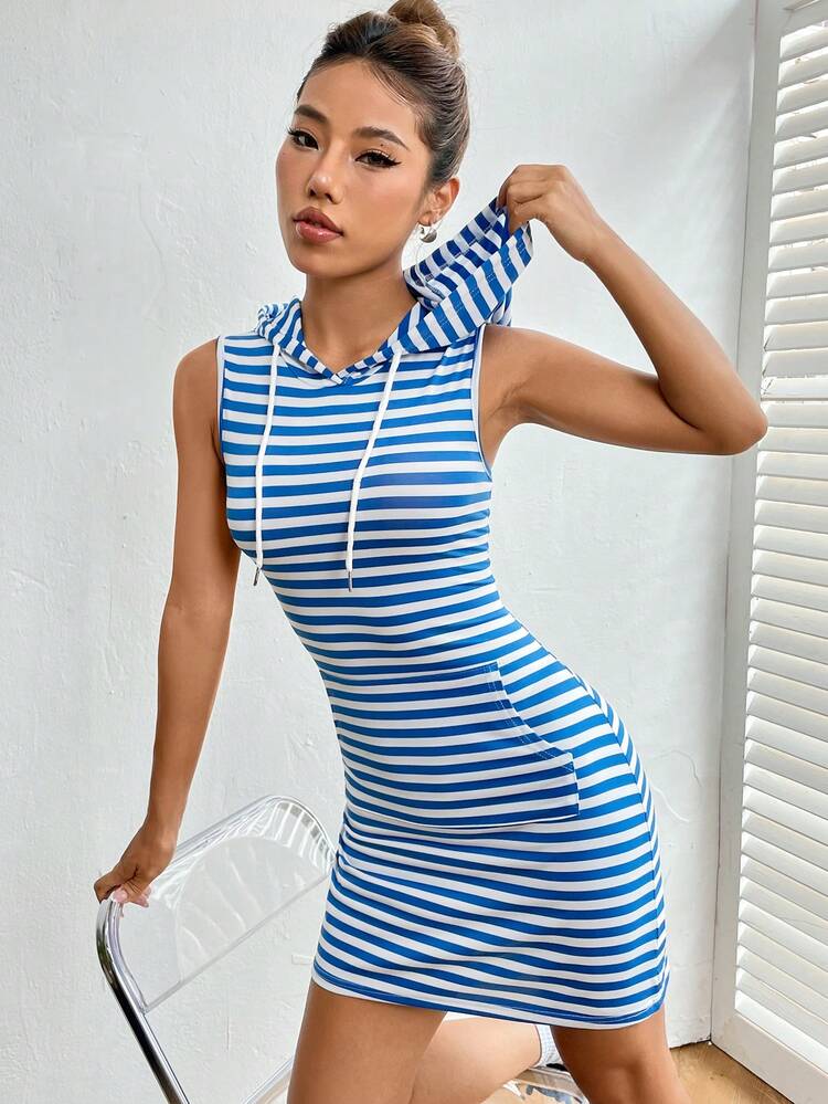 SHEIN Essnce Striped Drawstring Hooded Bodycon Dress - Blue and White - View 4