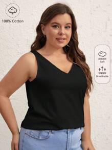 SHEIN BASICS Plus  Solid V Neck Tank Top - Black - View 1