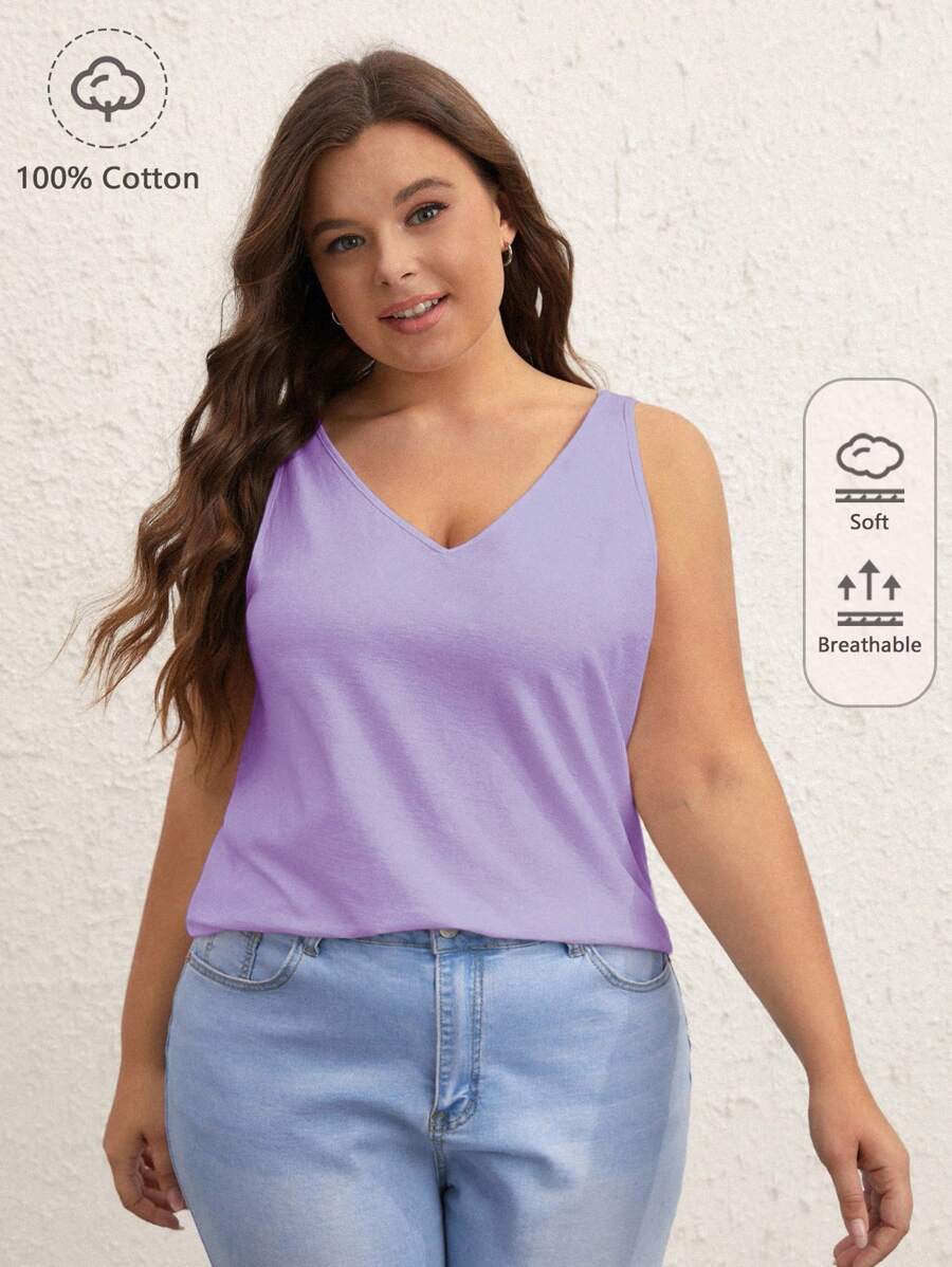 SHEIN BASICS Hơn Chất rắn Cổ v Áo ba lỗ Cho mùa hè - Màu Lilac Tím - Xem 1