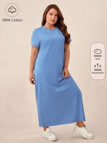 SHEIN BASICS Vestido De Camiseta Sólida De Talla Grande - Azul - Ver 1