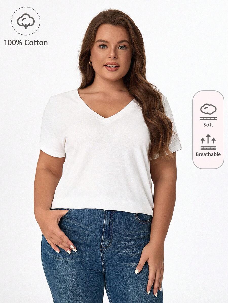 SHEIN BASICS Plus 純色 V 領 T 卹 - 白色 - 查看 1
