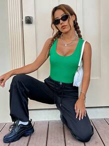 SHEIN EZwear 素色大圓領修身背心上衣 - 綠色 - 查看 4