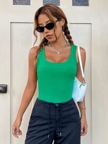 SHEIN EZwear 素色大圓領修身背心上衣 - 綠色 - 查看 3