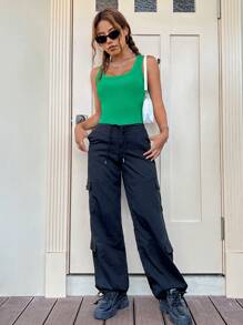 SHEIN EZwear 素色大圓領修身背心上衣 - 綠色 - 查看 7