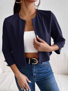 SHEIN Essnce 素色開門襟短夾克 - 藏蓝色 - 查看 4