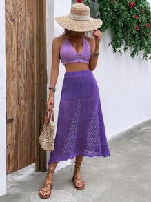 Knit Mix Solid A-line Skirt - Purple - View 1