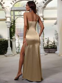 Faeriesty Women's Elegant One-Shoulder Pleated High Slit Satin Evening Gown - Refined Formal Dress Suitable For Galas, Weddings, Red Carpets | Graceful Choice For All Seasons - Champagne - View 2