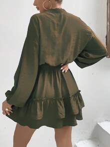 Vestido camisero de manga farol bajo con fruncido - Verde militar - Ver 2