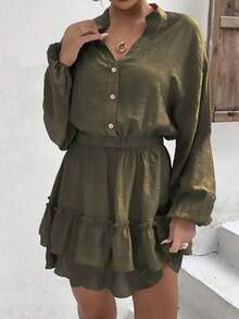 Vestido camisero de manga farol bajo con fruncido - Verde militar - Ver 3
