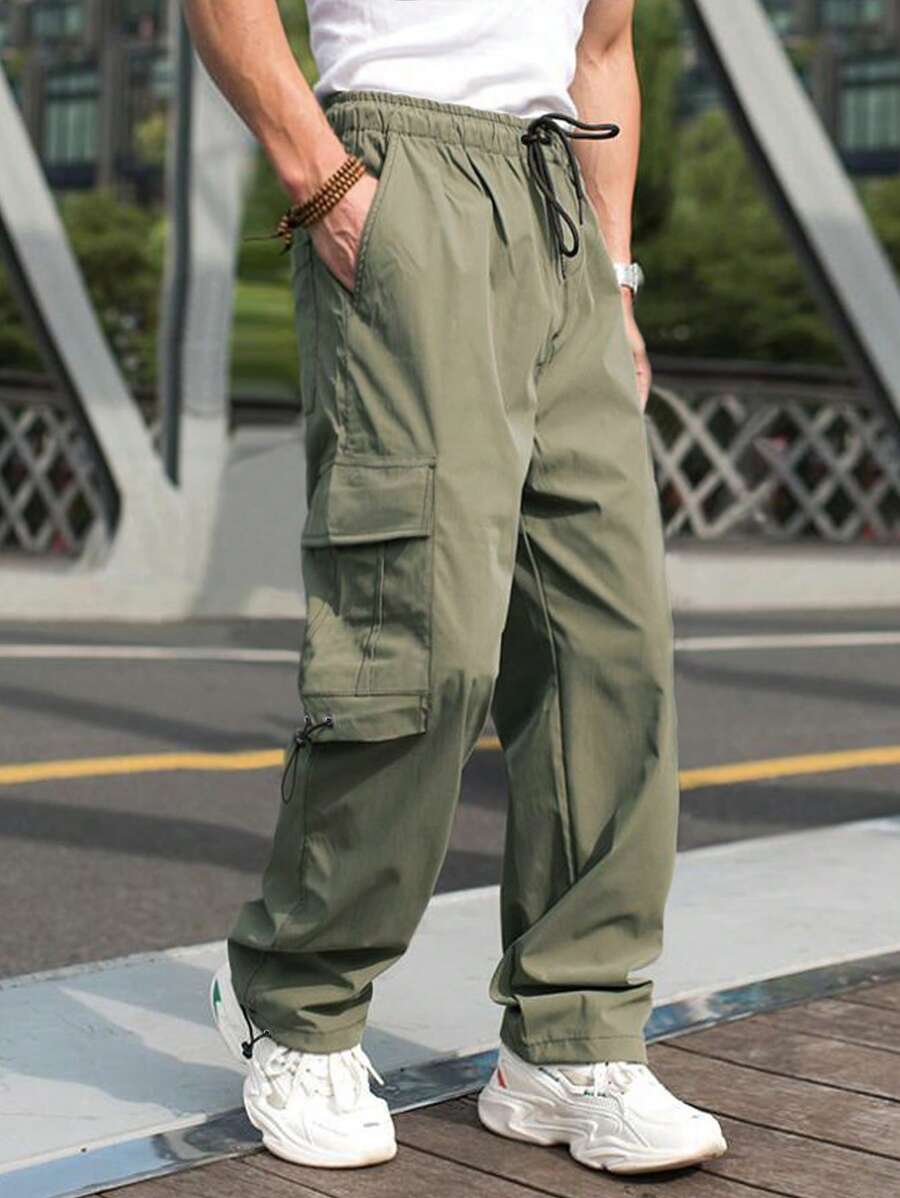Manfinity Hypemode Men Flap Pocket Side Drawstring Waist Cargo Trousers - Army Green - View 1