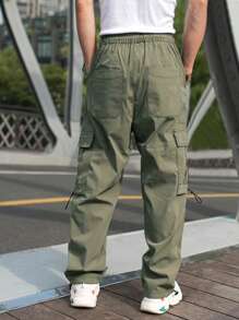 Manfinity Hypemode Men Flap Pocket Side Drawstring Waist Cargo Trousers - Army Green - View 2