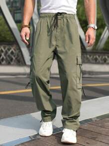 Manfinity Hypemode Men Flap Pocket Side Drawstring Waist Cargo Trousers - Army Green - View 3
