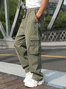Manfinity Hypemode Men Flap Pocket Side Drawstring Waist Cargo Trousers - Army Green - View 5