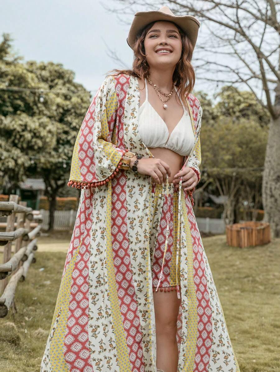 Rusttydustty 大碼印花和服罩衫和短褲 - 彩色 - 查看 1