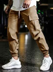 Manfinity Homme Hombres Pantalones cargo con bolsillo lateral con solapa de cintura con cordón