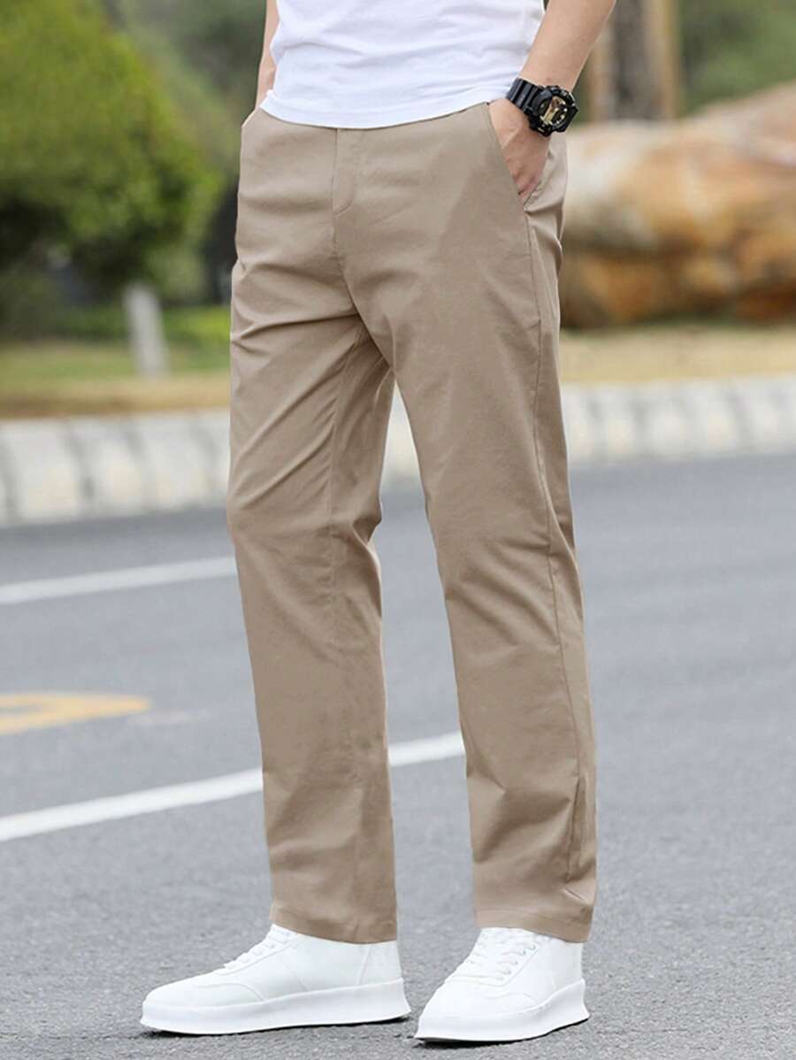 Manfinity Homme Loose Fit Men's Solid Color Straight Leg Pants, Fall - Khaki - View 1