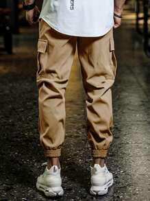 Manfinity Homme Hombres Pantalones cargo con bolsillo lateral con solapa de cintura con cordón