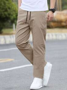 Manfinity Homme Loose Fit Men's Solid Color Straight Leg Pants, Fall - Khaki - View 3