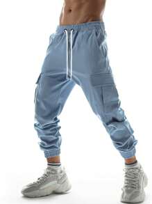 Manfinity Homme 男士側翻蓋口袋工裝褲 - 霧霾藍 - 查看 3