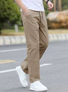 Manfinity Homme Loose Fit Men's Solid Color Straight Leg Pants, Fall - Khaki - View 4